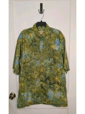 Johari West Shirt Sz XLT Green Blue Batik Palm Tree Hawaiian Button Front Cotton
